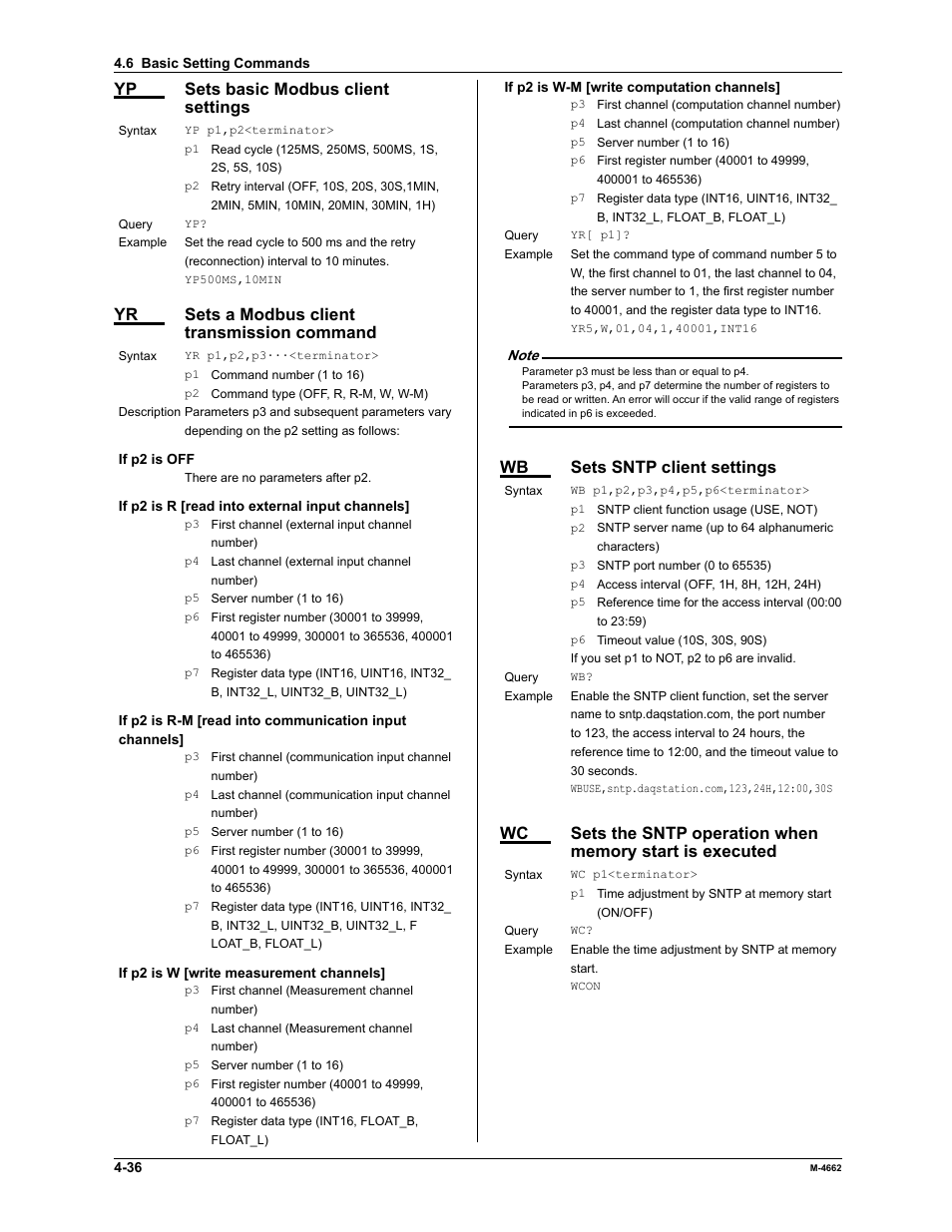 Yp sets basic modbus client settings, Yr sets a modbus client transmission command, Wb sets sntp client settings | Yokogawa Button Operated MV2000 User Manual | Page 109 / 177