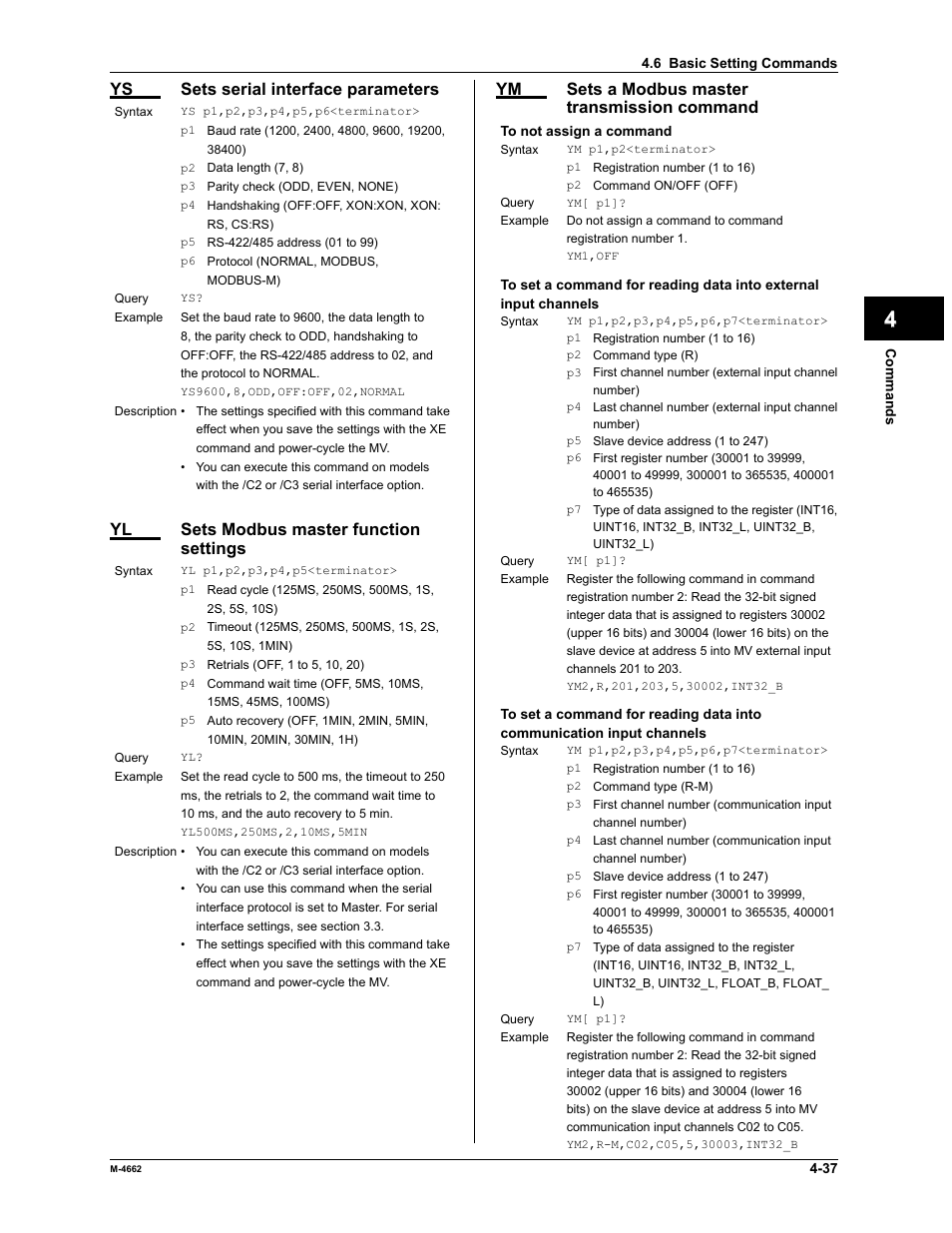 App index, Ys sets serial interface parameters, Yl sets modbus master function settings | Ym sets a modbus master transmission command | Yokogawa Button Operated MV2000 User Manual | Page 110 / 177