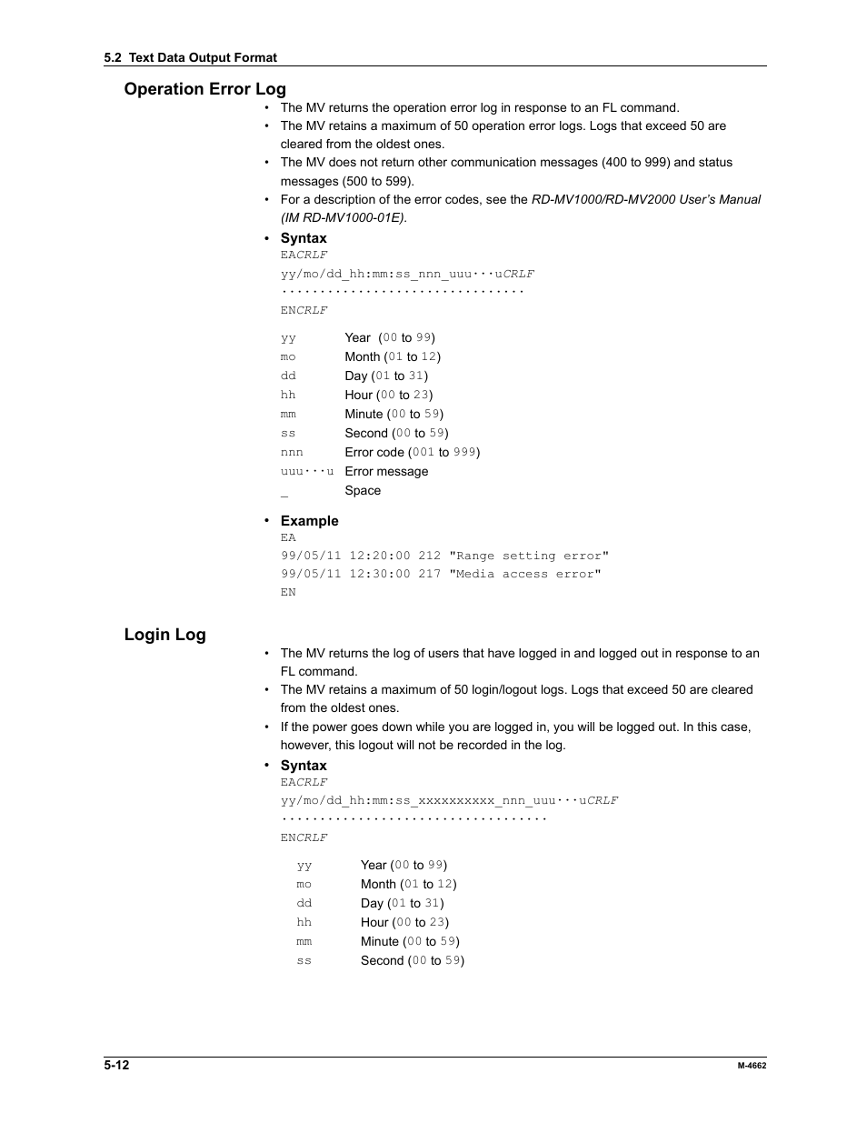 Operation error log, Login log | Yokogawa Button Operated MV2000 User Manual | Page 130 / 177