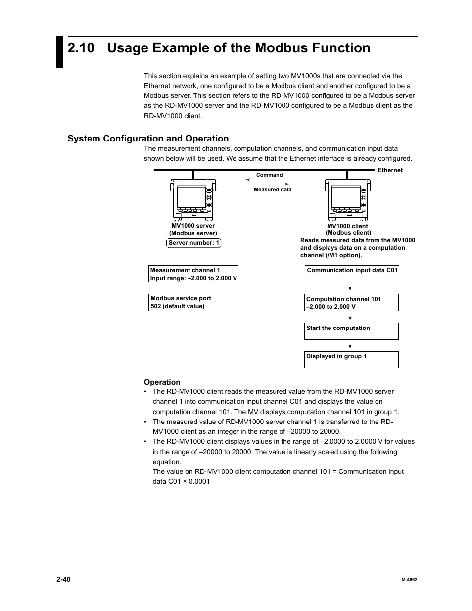 10 usage example of the modbus function, System configuration and operation | Yokogawa Button Operated MV2000 User Manual | Page 54 / 177