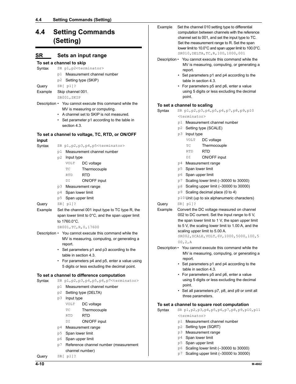 4 setting commands (setting), Sr sets an input range | Yokogawa Button Operated MV2000 User Manual | Page 83 / 177