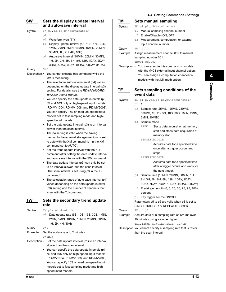 App index, Tw sets the secondary trend update rate, Tm sets manual sampling | Te sets sampling conditions of the event data | Yokogawa Button Operated MV2000 User Manual | Page 86 / 177