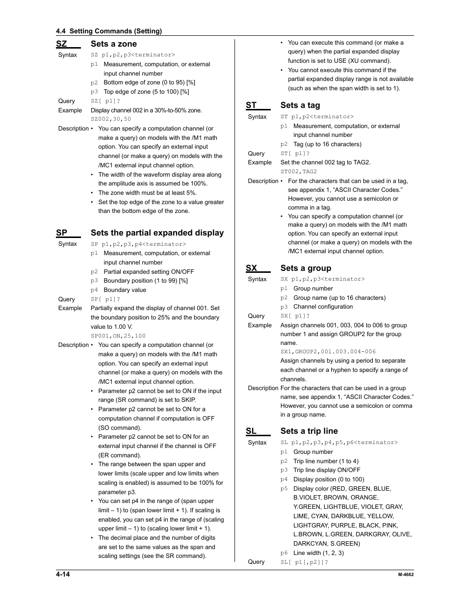 Sz sets a zone, Sp sets the partial expanded display, St sets a tag | Sx sets a group, Sl sets a trip line | Yokogawa Button Operated MV2000 User Manual | Page 87 / 177