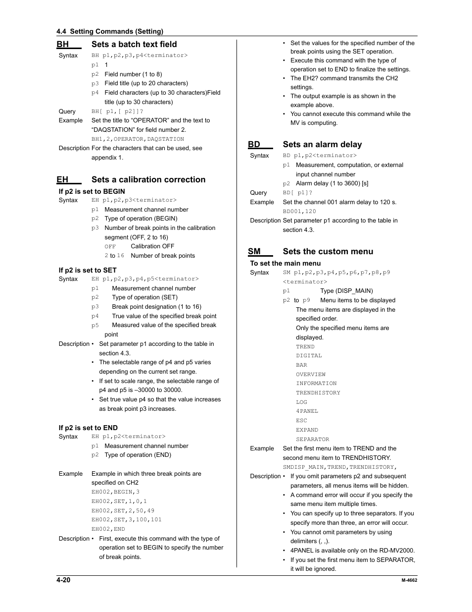 Bh sets a batch text field, Eh sets a calibration correction, Bd sets an alarm delay | Sm sets the custom menu | Yokogawa Button Operated MV2000 User Manual | Page 93 / 177