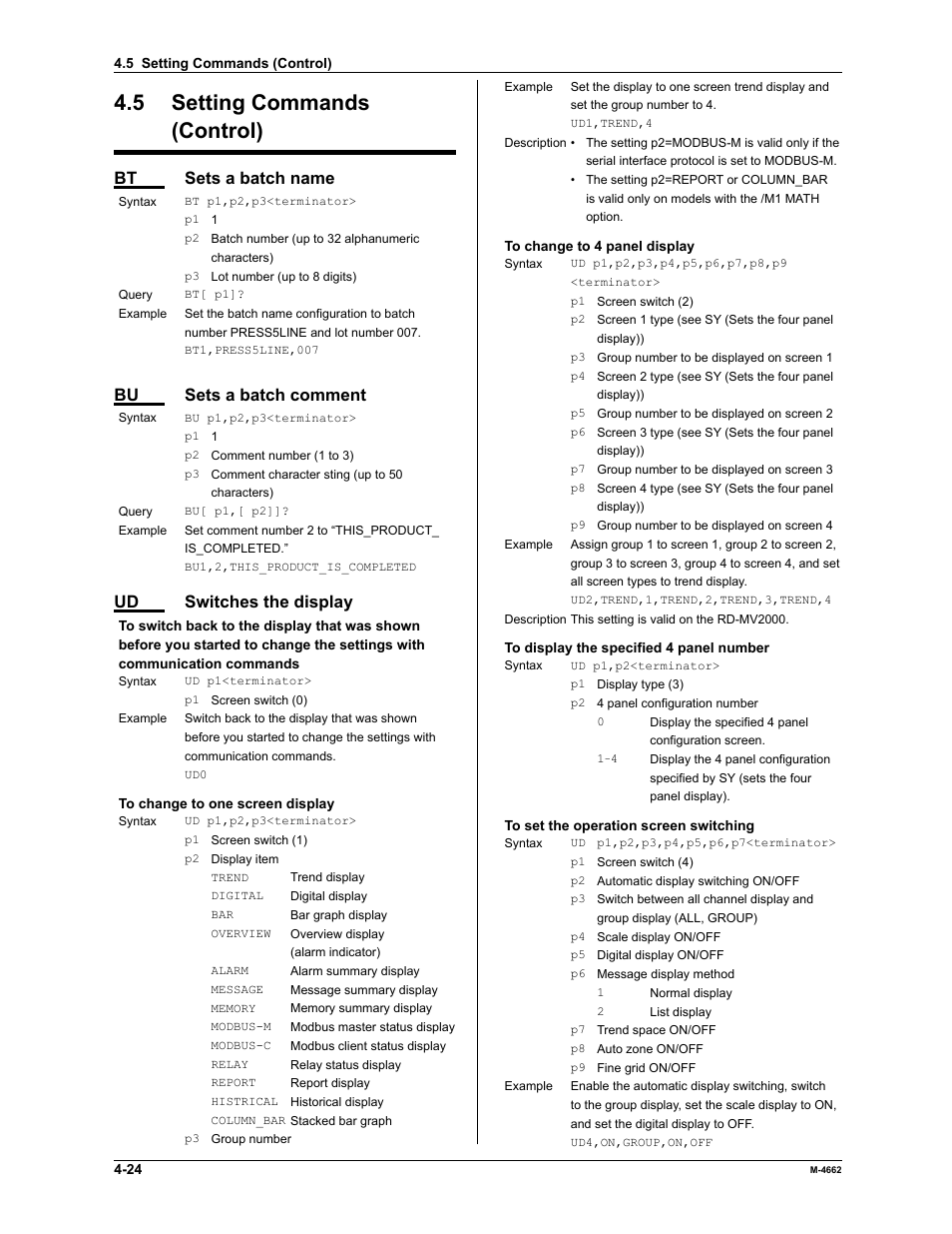 5 setting commands (control), Bt sets a batch name, Bu sets a batch comment | Ud switches the display | Yokogawa Button Operated MV2000 User Manual | Page 97 / 177