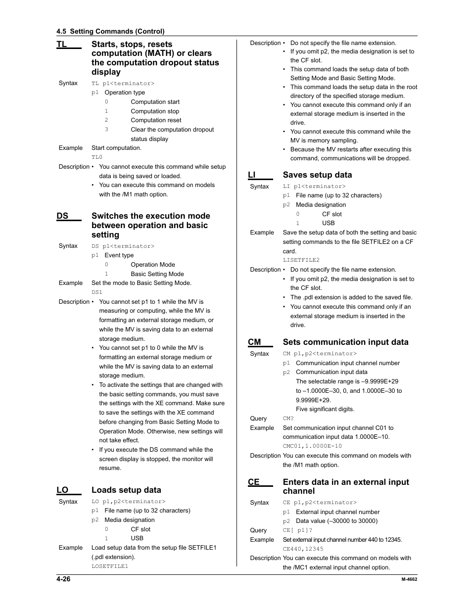 Lo loads setup data, Li saves setup data, Cm sets communication input data | Ce enters data in an external input channel | Yokogawa Button Operated MV2000 User Manual | Page 99 / 177