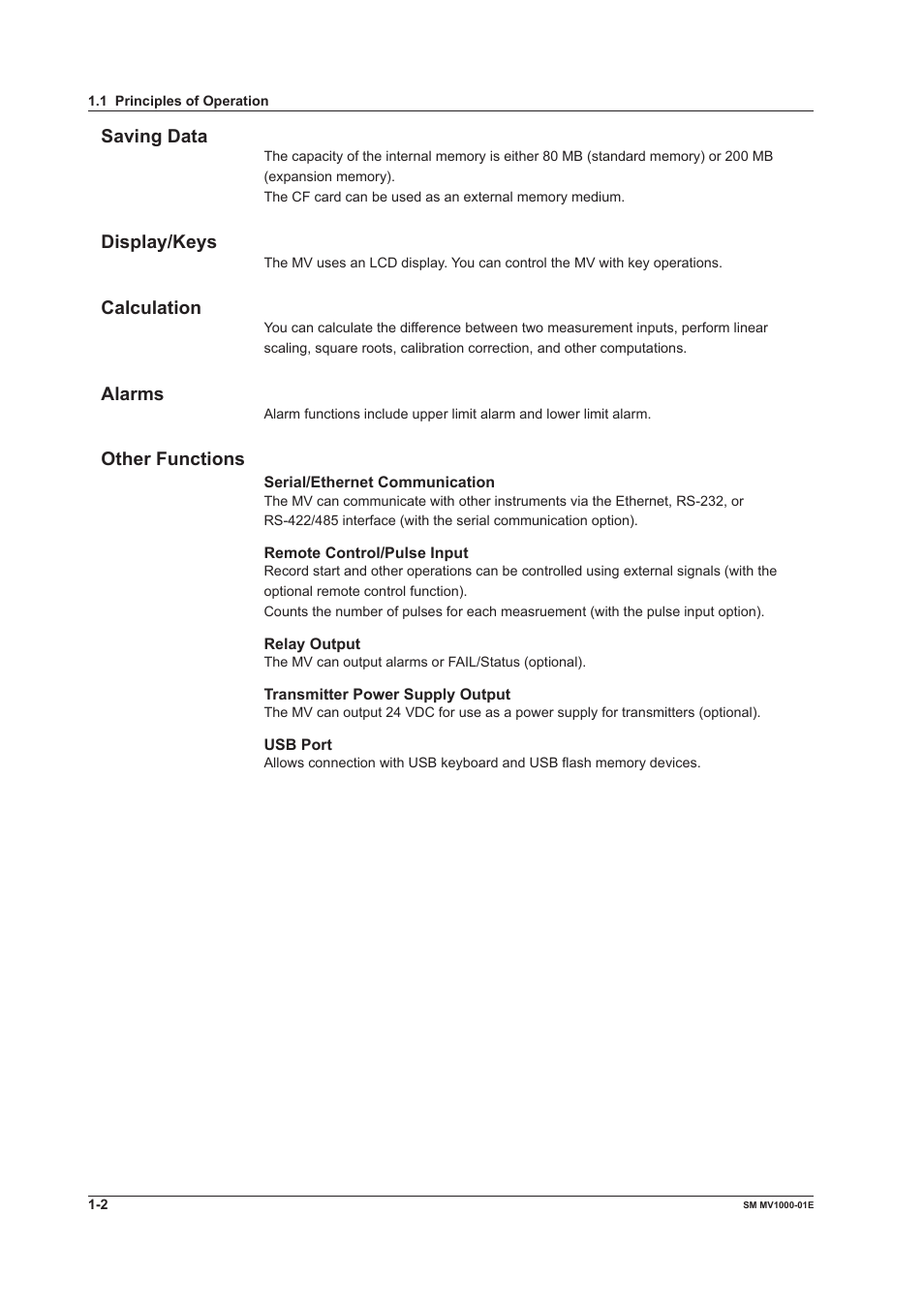 Saving data, Display/keys, Calculation | Alarms, Other functions | Yokogawa Button Operated MV2000 User Manual | Page 10 / 50