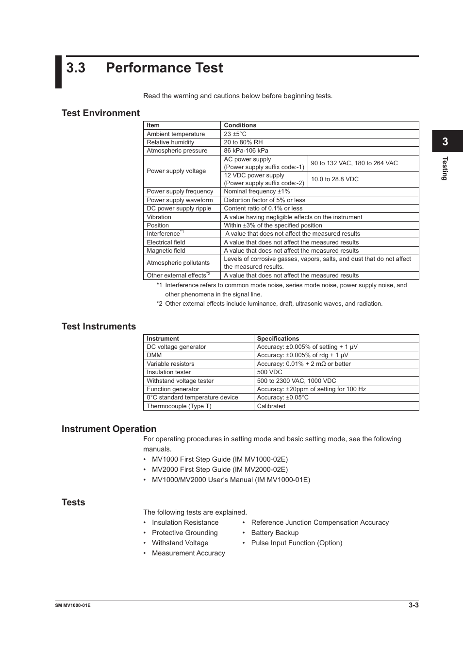 3 performance test, Test environment, Test instruments | Instrument operation, Tests, 3 performance test -3 | Yokogawa Button Operated MV2000 User Manual | Page 18 / 50