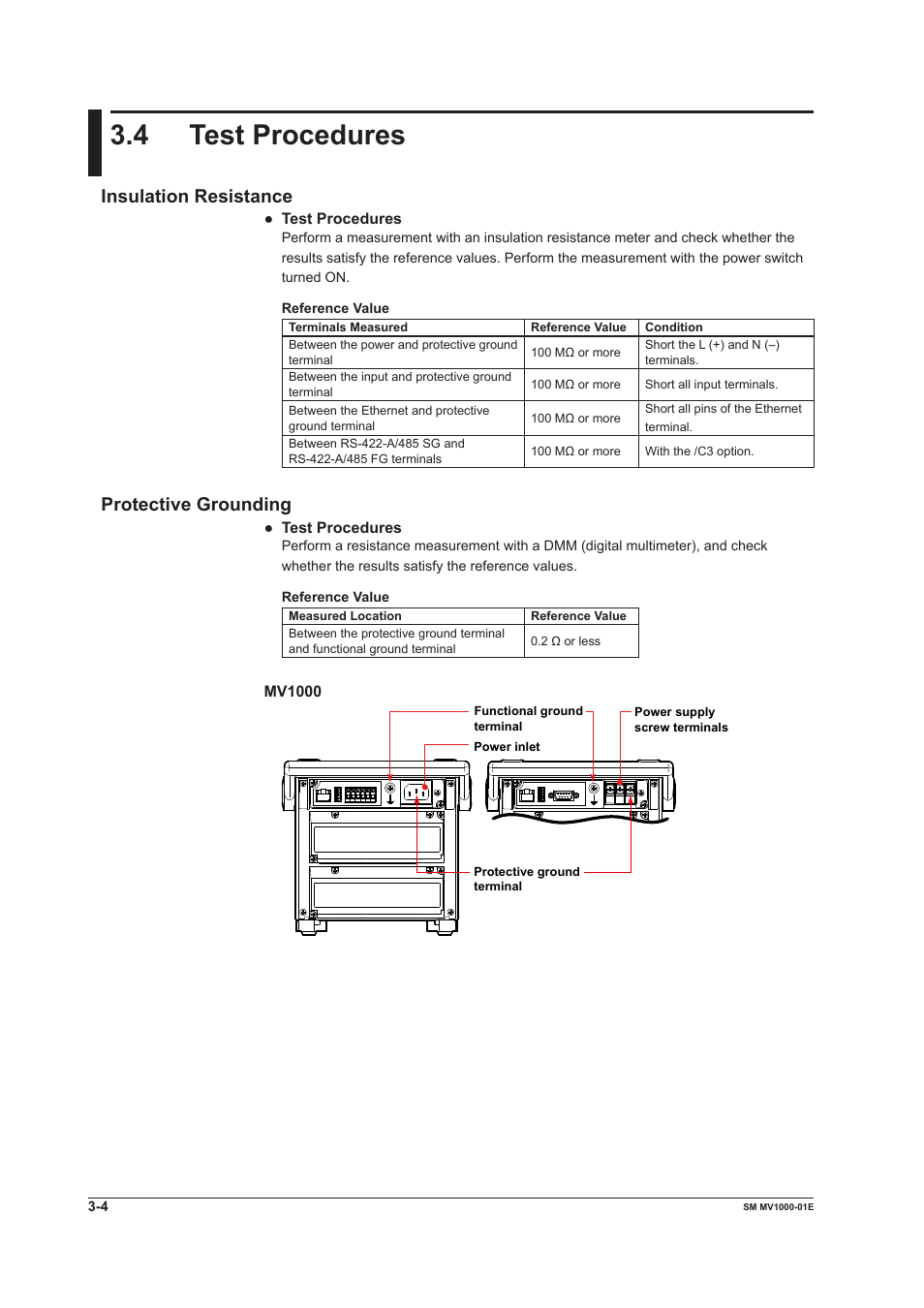 4 test procedures, Insulation resistance, Protective grounding | 4 test procedures -4, Insulation resistance -4 protective grounding -4 | Yokogawa Button Operated MV2000 User Manual | Page 19 / 50