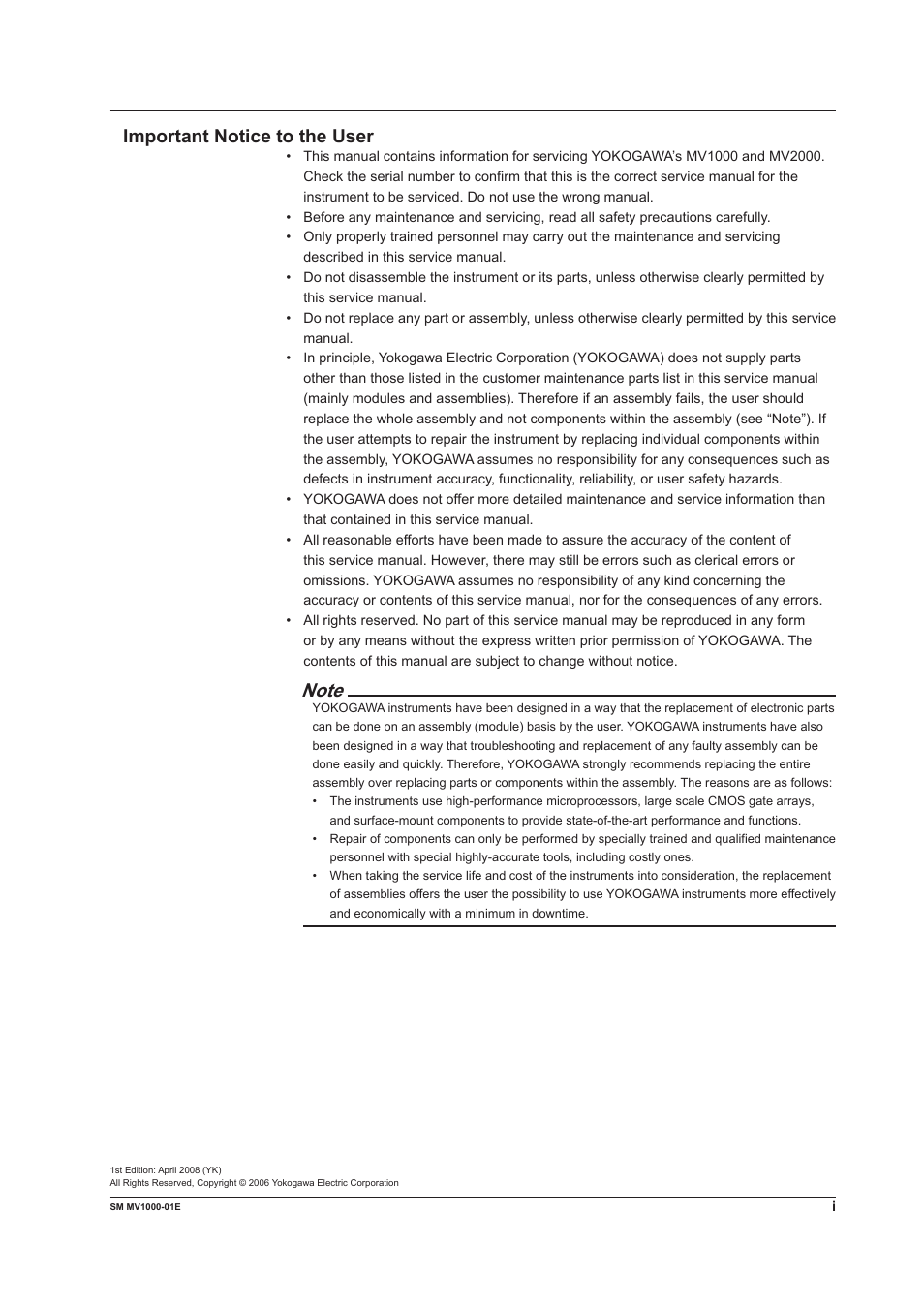 Important notice to the user | Yokogawa Button Operated MV2000 User Manual | Page 2 / 50