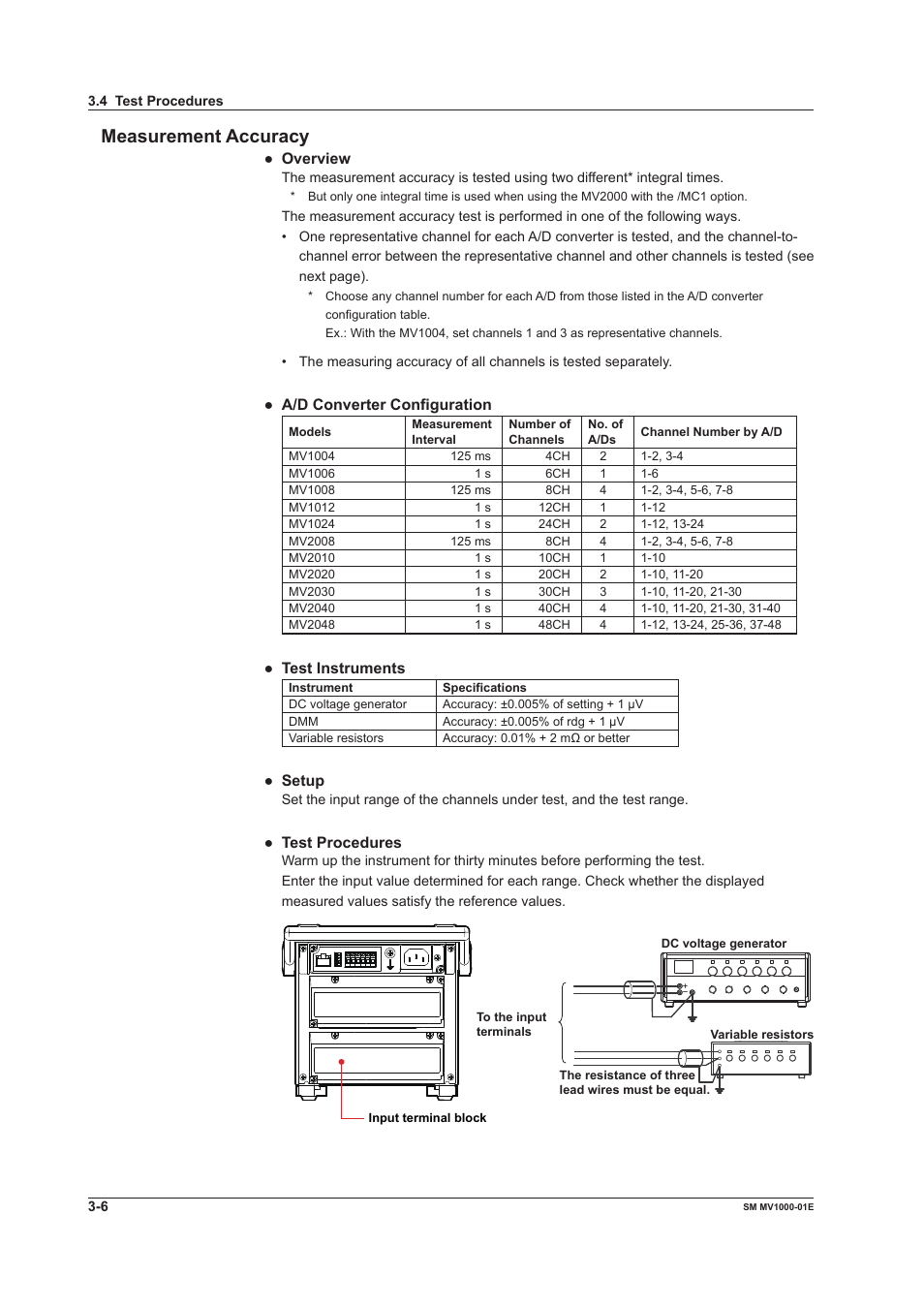 Measurement accuracy, Measurement accuracy -6, Overview | A/d converter configuration, Test instruments, Setup, Test procedures | Yokogawa Button Operated MV2000 User Manual | Page 21 / 50