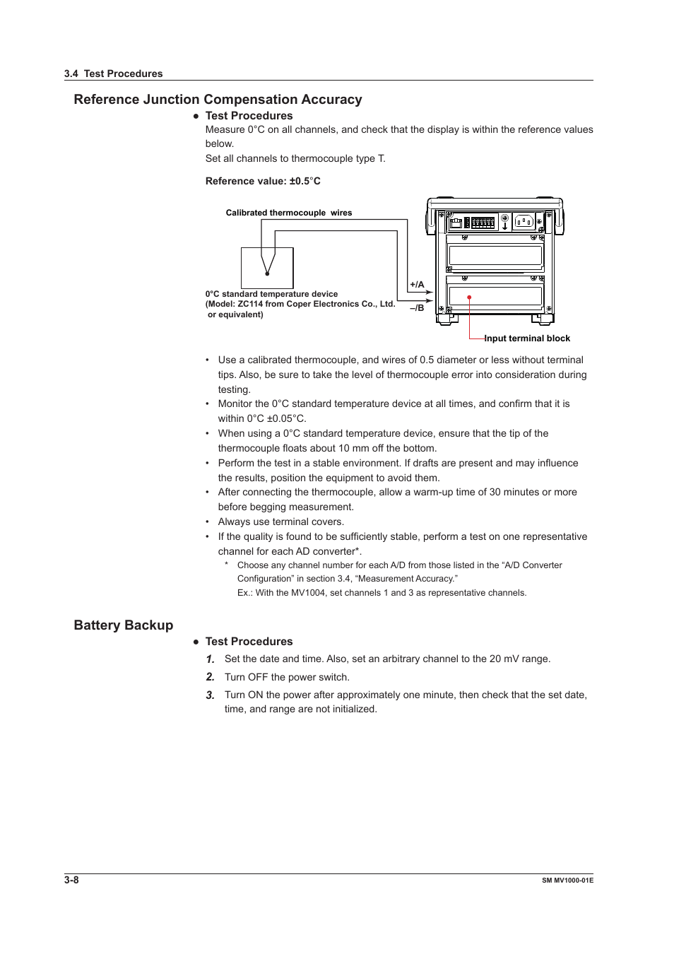 Reference junction compensation accuracy, Battery backup | Yokogawa Button Operated MV2000 User Manual | Page 23 / 50