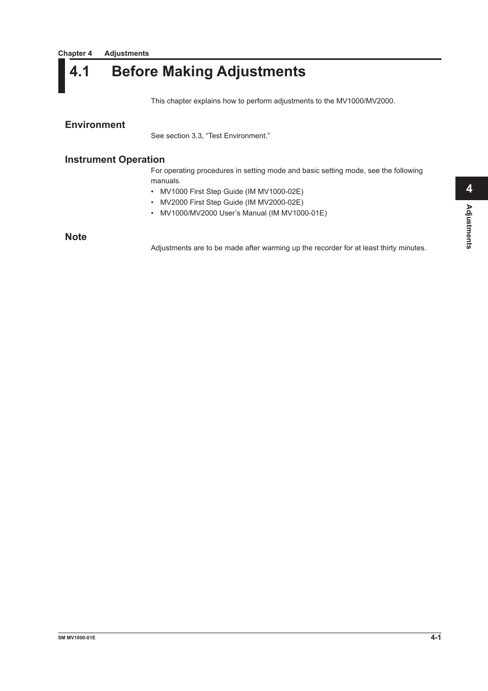 Chapter 4 adjustments, 1 before making adjustments, Environment | Instrument operation, Note, 1 before making adjustments -1, Environment -1 instrument operation -1 note -1 | Yokogawa Button Operated MV2000 User Manual | Page 25 / 50