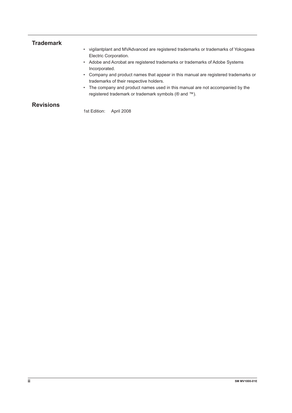 Trademark, Revisions | Yokogawa Button Operated MV2000 User Manual | Page 3 / 50