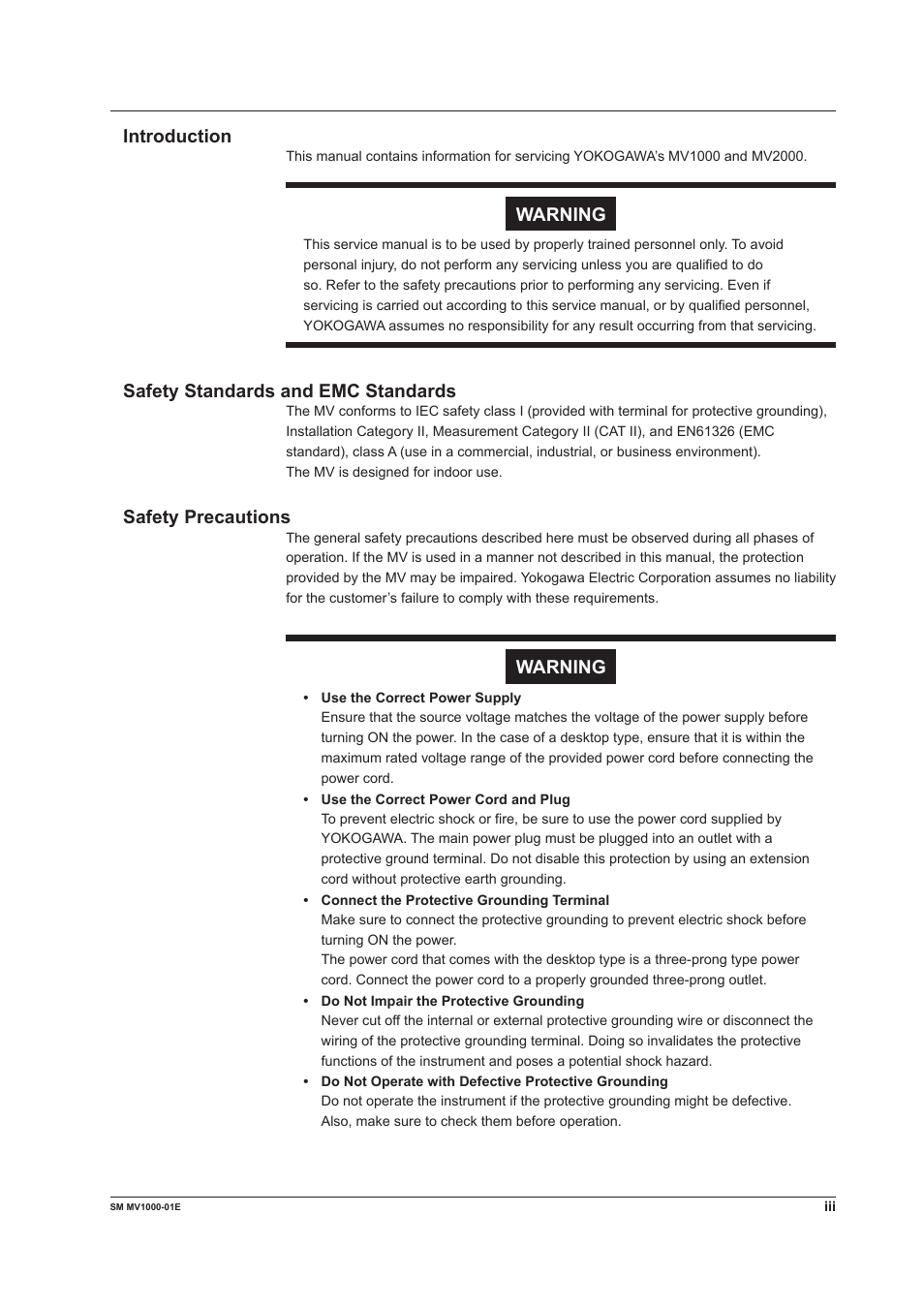 Introduction, Safety standards and emc standards, Safety precautions | Warning | Yokogawa Button Operated MV2000 User Manual | Page 4 / 50