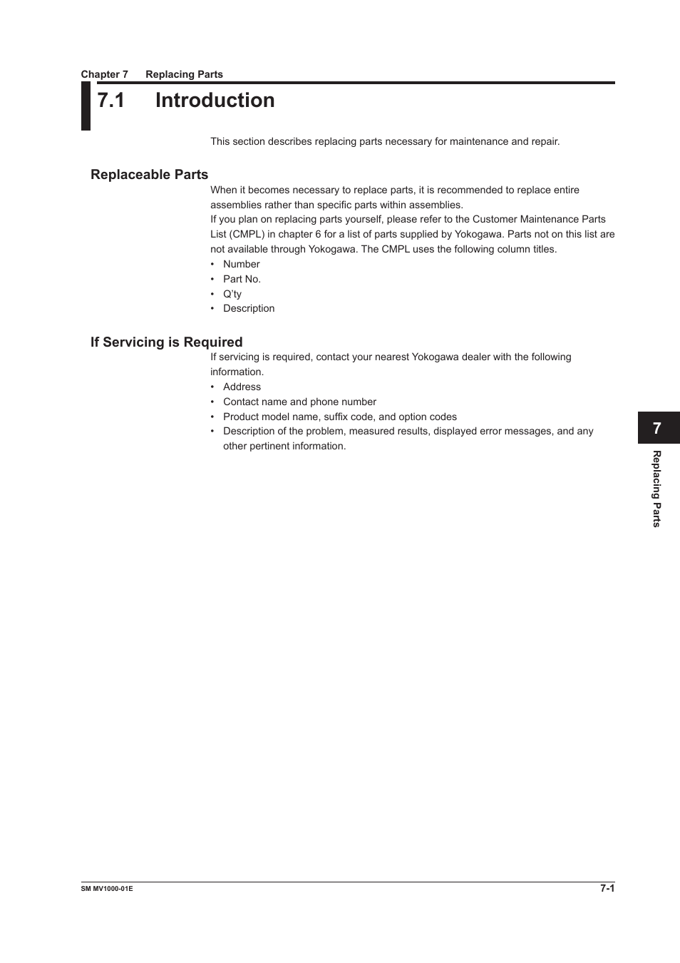 Chapter 7 replacing parts, 1 introduction, Replaceable parts | If servicing is required, 1 introduction -1, Replaceable parts -1 if servicing is required -1 | Yokogawa Button Operated MV2000 User Manual | Page 49 / 50