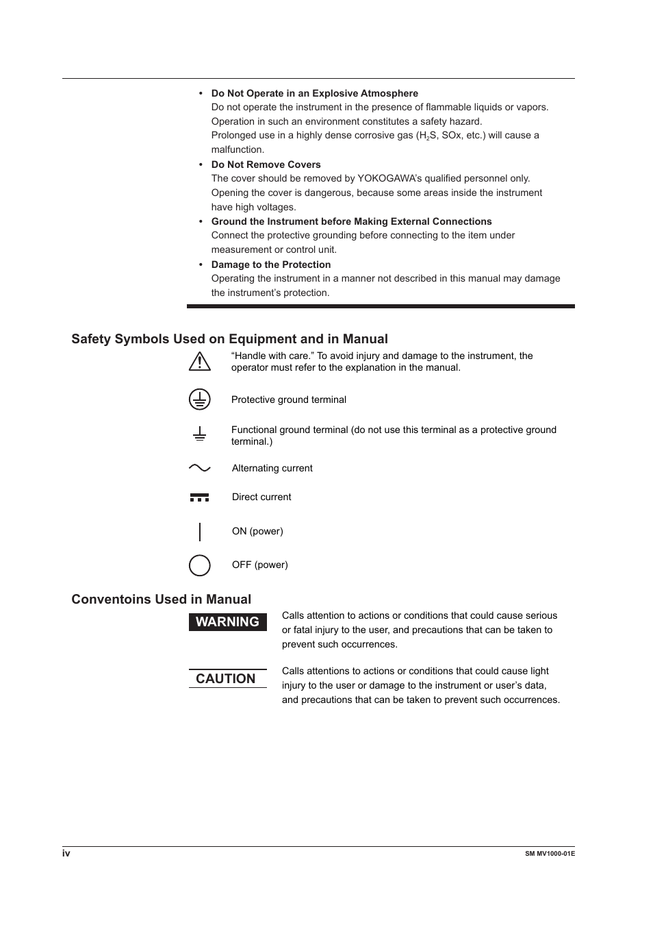 Safety symbols used on equipment and in manual, Conventuins used in manual, Conventoins used in manual | Warning, Caution | Yokogawa Button Operated MV2000 User Manual | Page 5 / 50