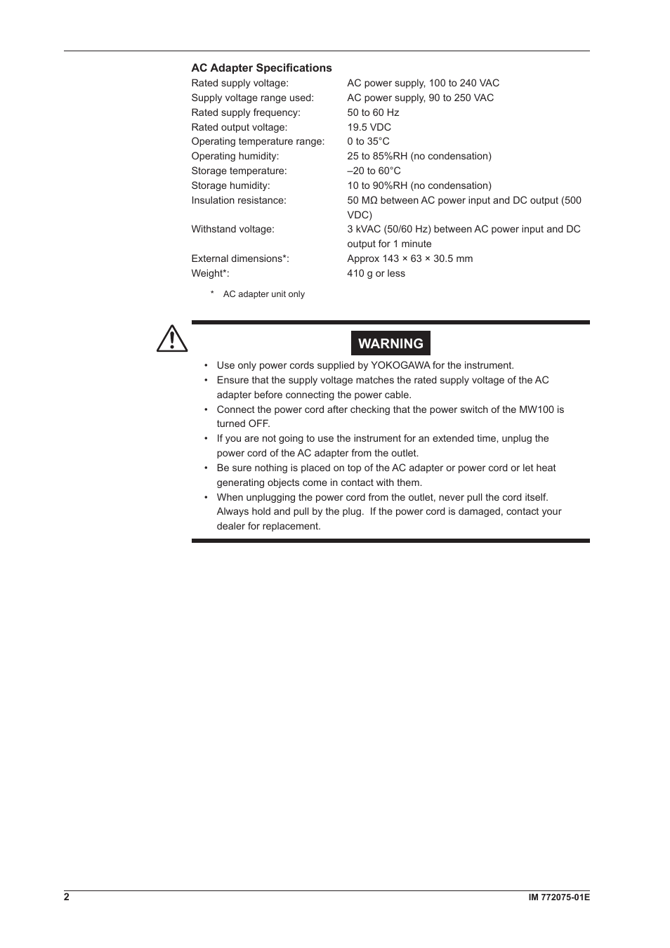 Warning | Yokogawa Standalone MW100 User Manual | Page 2 / 2