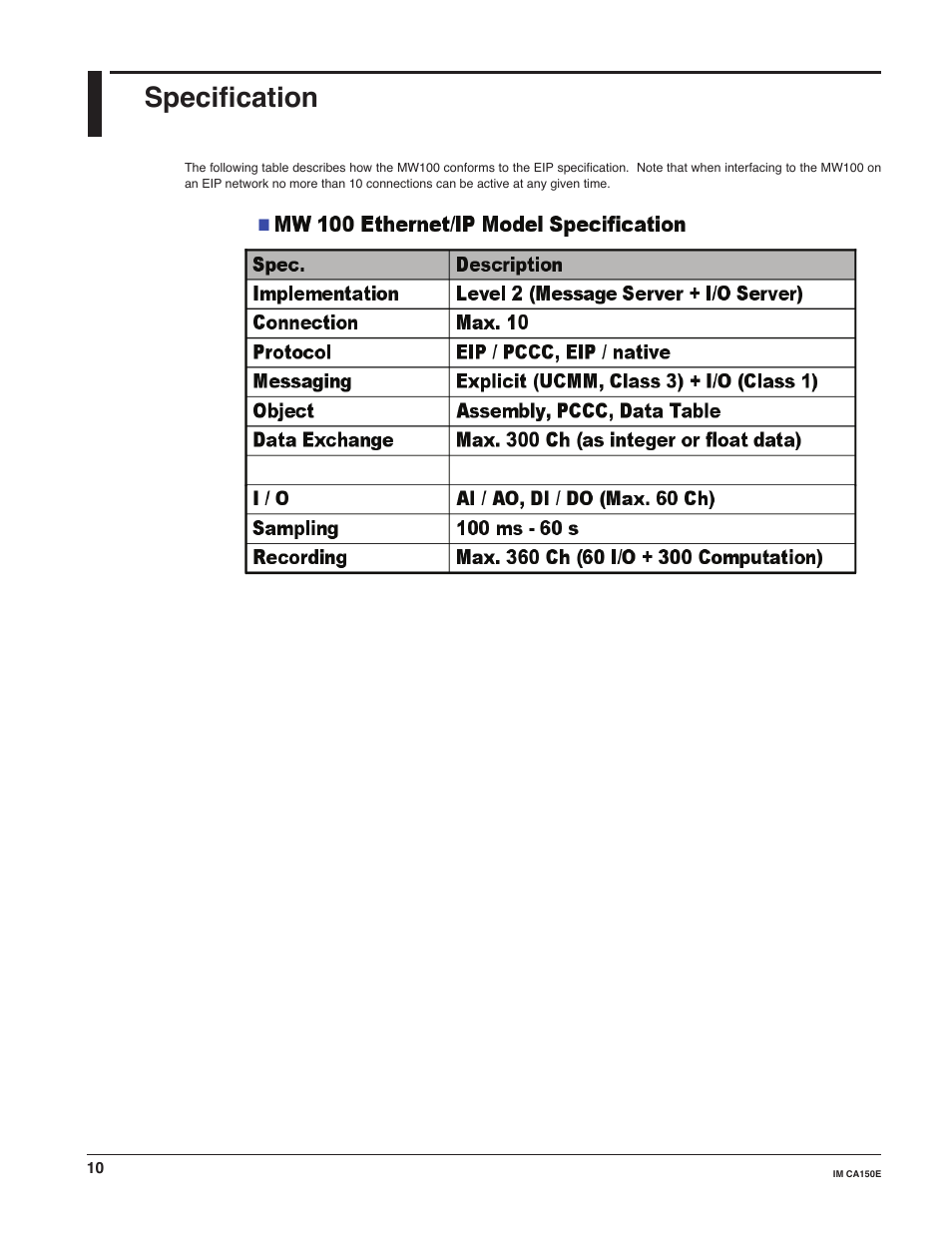 Specifi cation | Yokogawa Standalone MW100 User Manual | Page 10 / 31