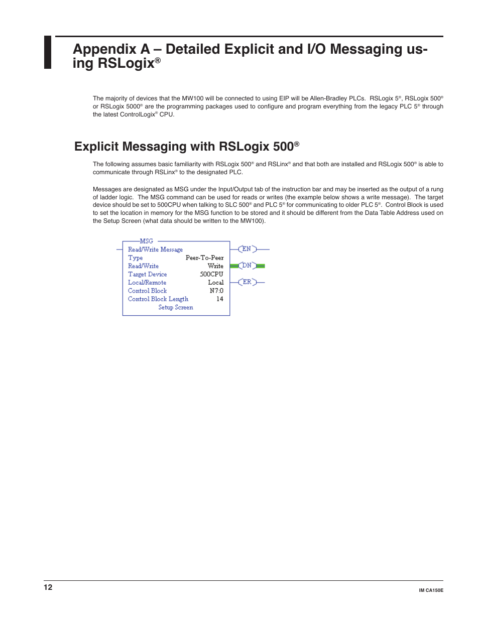 Explicit messaging with rslogix 500 | Yokogawa Standalone MW100 User Manual | Page 12 / 31