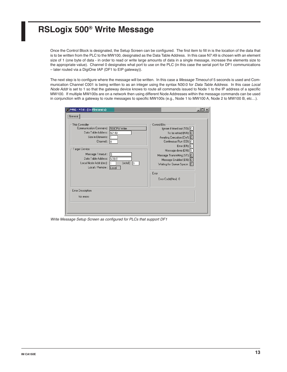 Rslogix 500, Write message | Yokogawa Standalone MW100 User Manual | Page 13 / 31