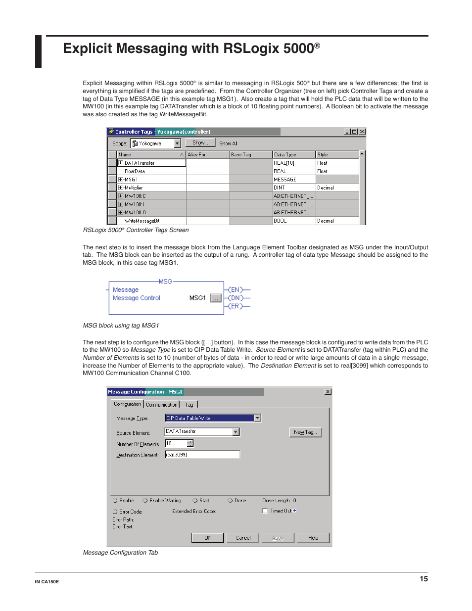 Explicit messaging with rslogix 5000 | Yokogawa Standalone MW100 User Manual | Page 15 / 31