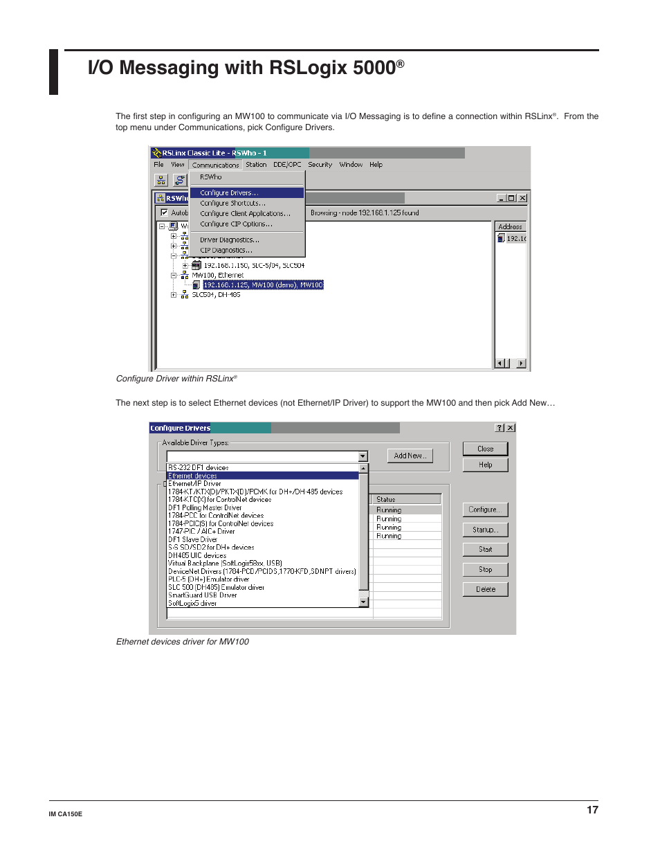 I/o messaging with rslogix 5000 | Yokogawa Standalone MW100 User Manual | Page 17 / 31