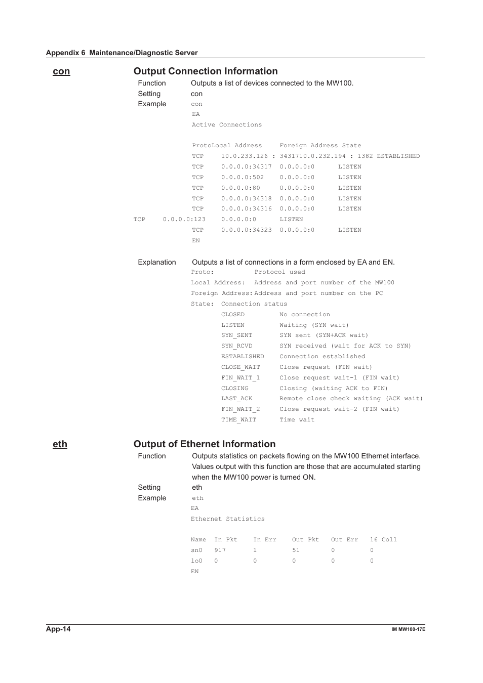 Con output connection information, Eth output of ethernet information | Yokogawa Standalone MW100 User Manual | Page 116 / 151