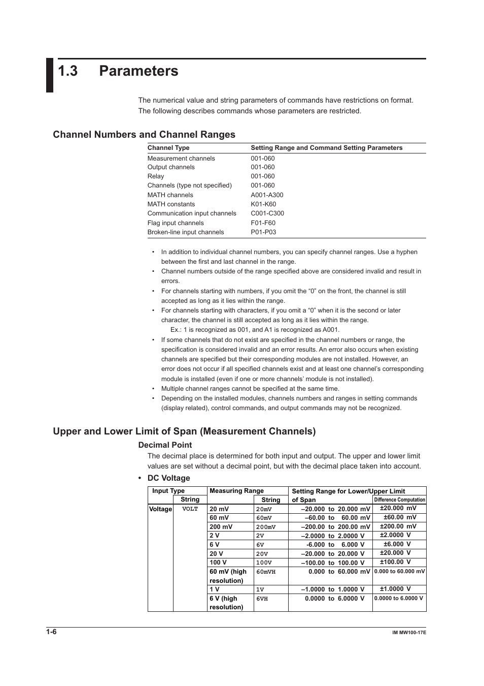 3 parameters, Channel numbers and channel ranges, Decimal point | Dc voltage | Yokogawa Standalone MW100 User Manual | Page 13 / 151