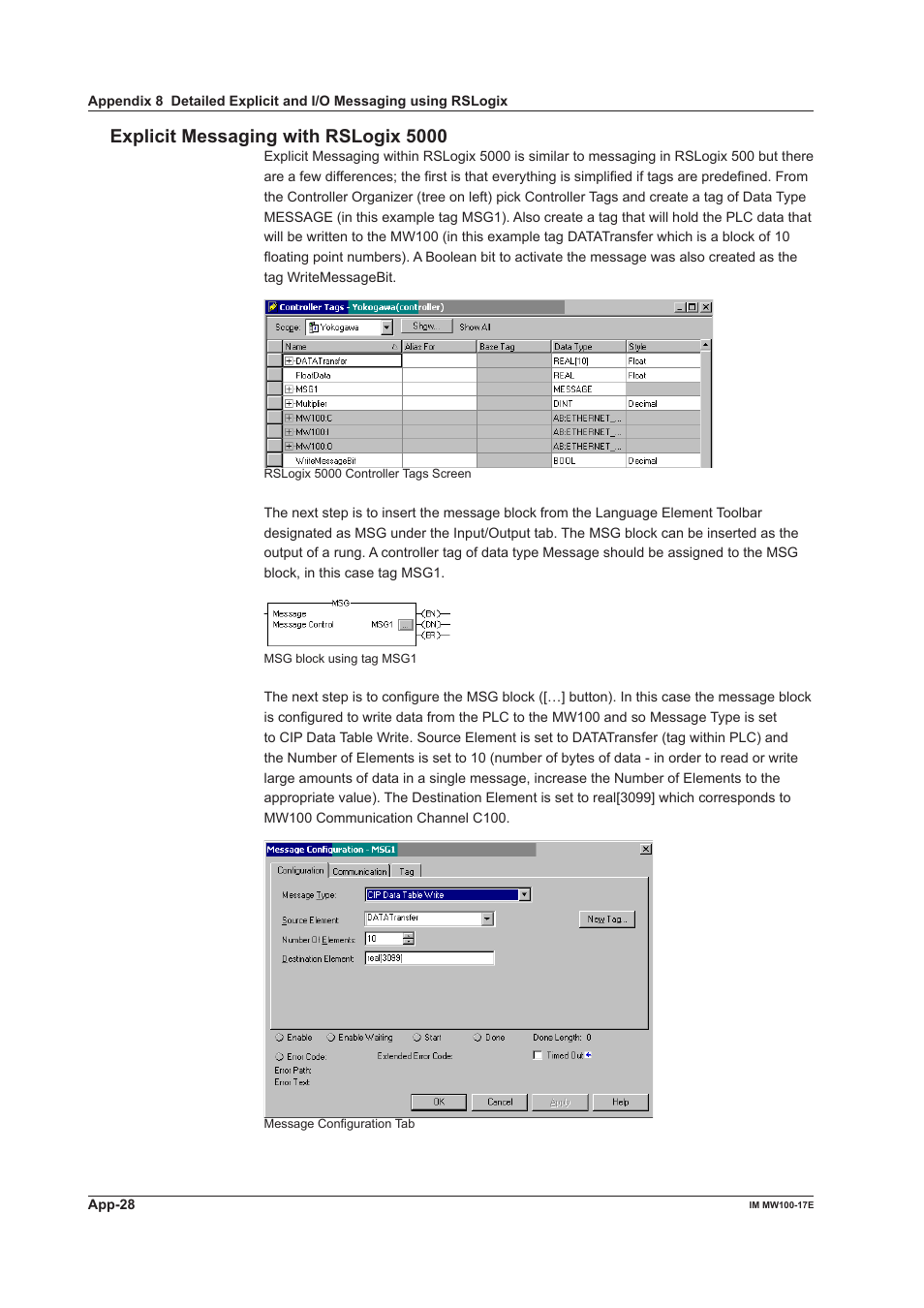 Explicit messaging with rslogix 5000 | Yokogawa Standalone MW100 User Manual | Page 130 / 151