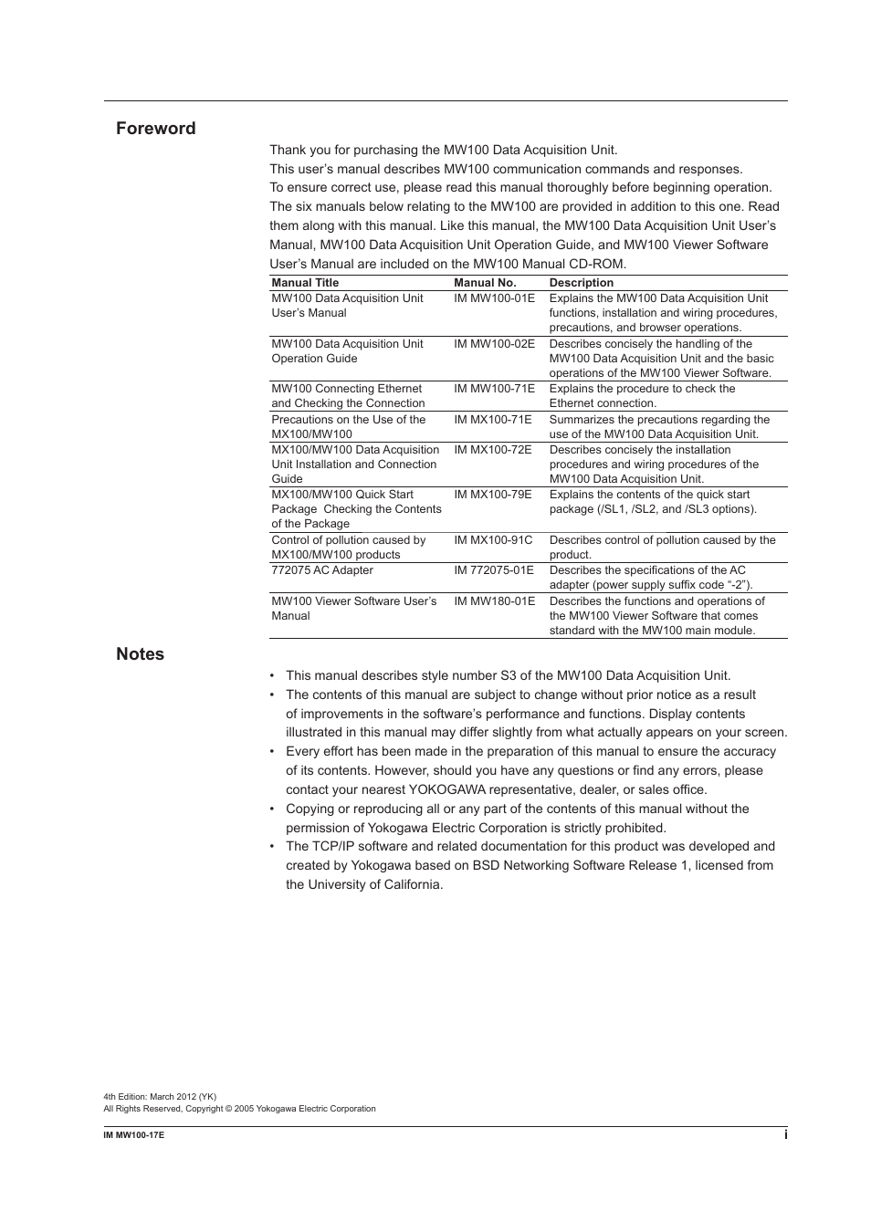 Foreword | Yokogawa Standalone MW100 User Manual | Page 2 / 151