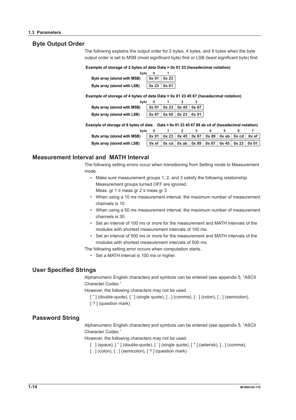 Byte output order, Measurement interval and math interval, User specified strings | Password string | Yokogawa Standalone MW100 User Manual | Page 21 / 151