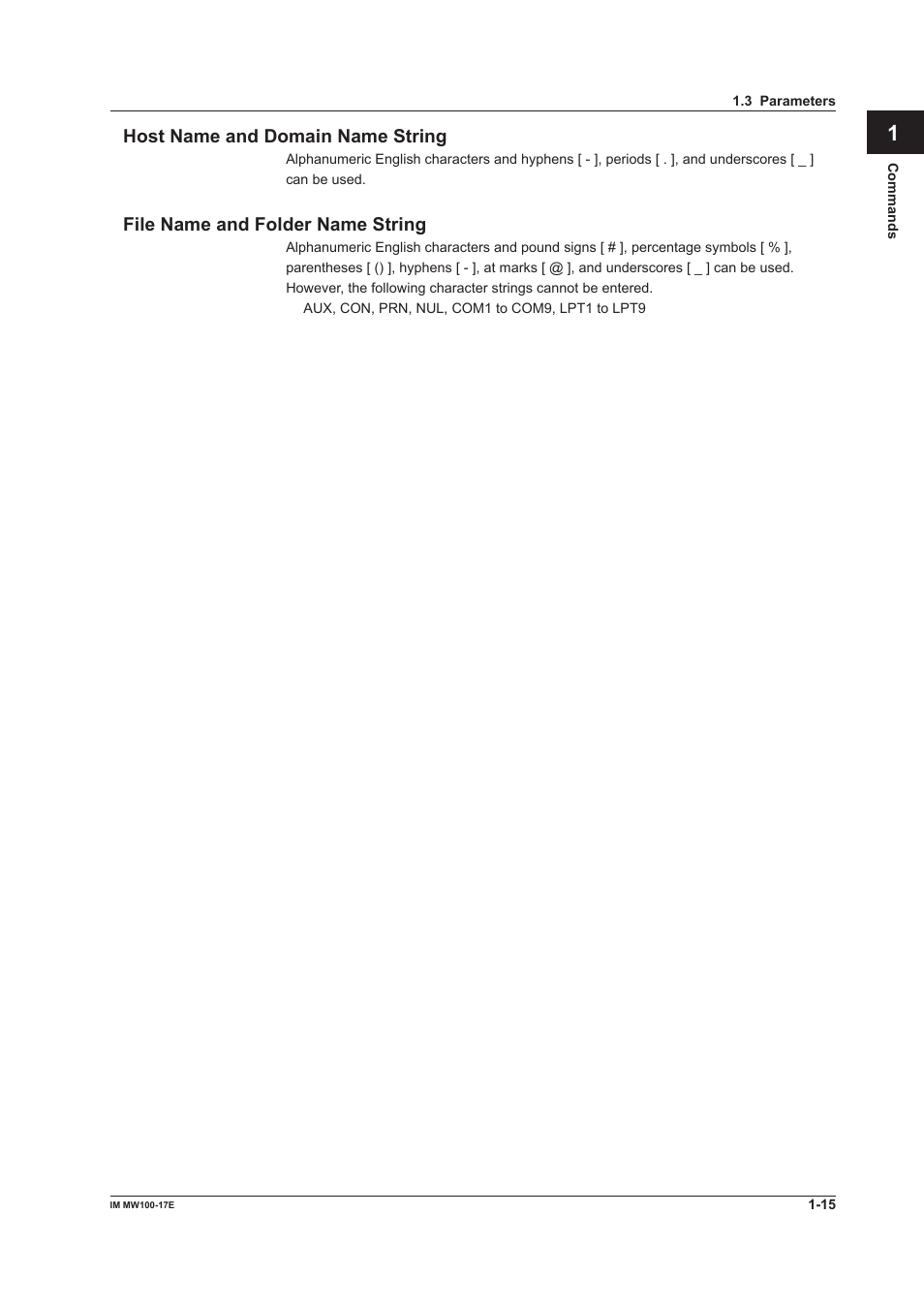 Host name and domain name string, File name and folder name string | Yokogawa Standalone MW100 User Manual | Page 22 / 151