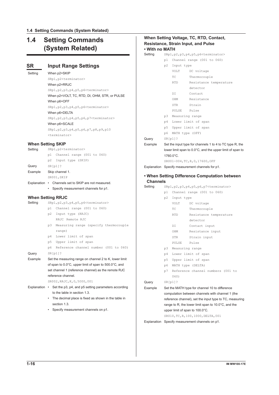 4 setting commands (system related), Setting commands (system related) -16, Sr input range settings | Yokogawa Standalone MW100 User Manual | Page 23 / 151