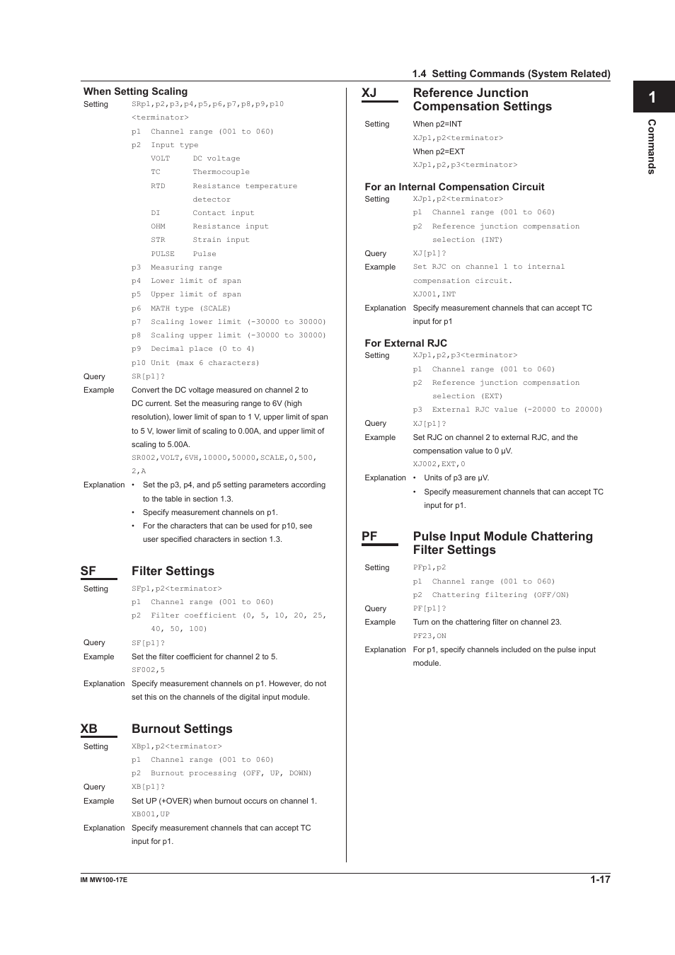 App index, Sf filter settings, Xb burnout settings | Xj reference junction compensation settings, Pf pulse input module chattering filter settings | Yokogawa Standalone MW100 User Manual | Page 24 / 151