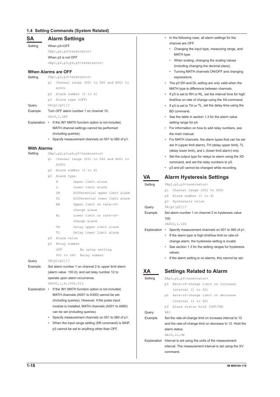 Sa alarm settings, Va alarm hysteresis settings, Xa settings related to alarm | Yokogawa Standalone MW100 User Manual | Page 25 / 151