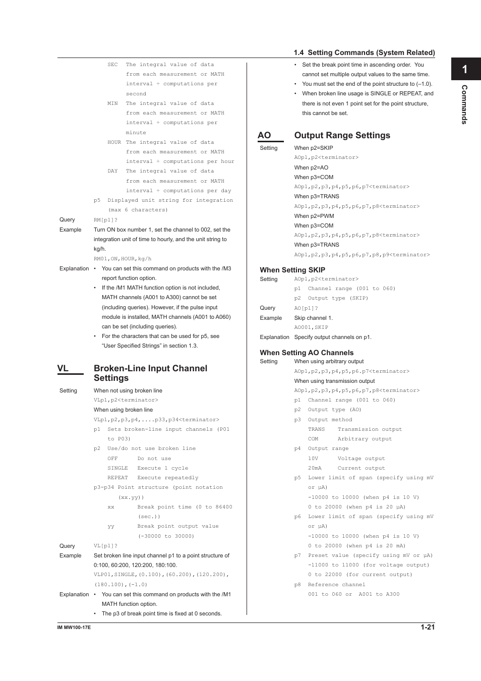 App index, Vl broken-line input channel settings, Ao output range settings | Yokogawa Standalone MW100 User Manual | Page 28 / 151