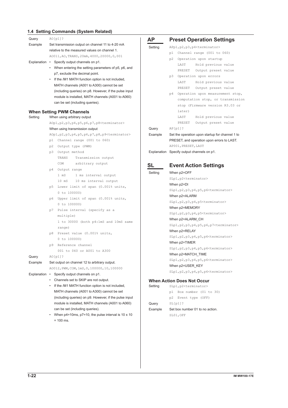 Ap preset operation settings, Sl event action settings | Yokogawa Standalone MW100 User Manual | Page 29 / 151