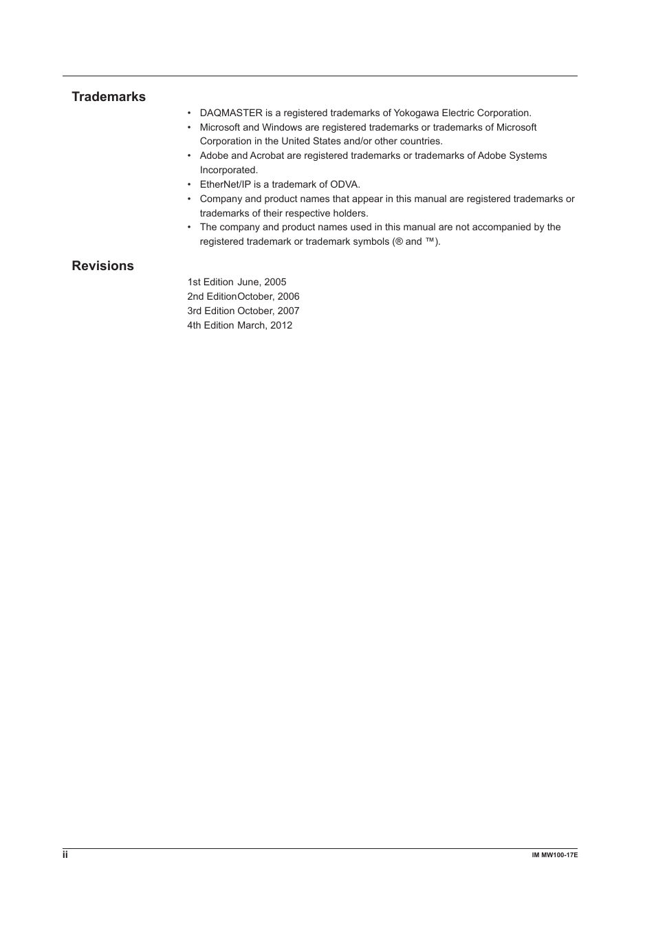 Trademarks, Revisions | Yokogawa Standalone MW100 User Manual | Page 3 / 151