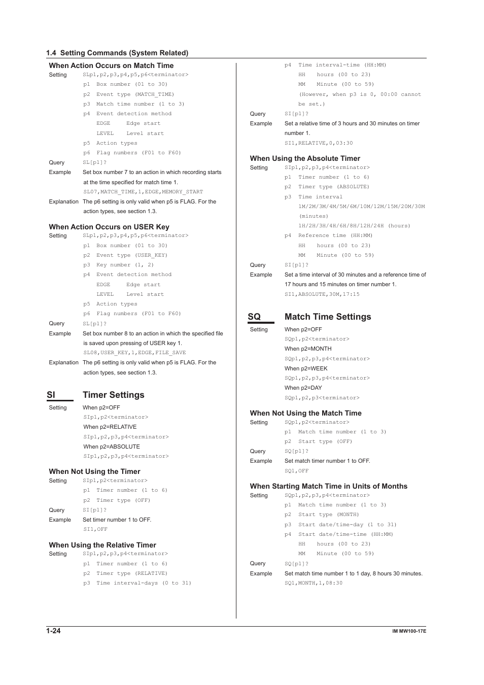 Si timer settings, Sq match time settings | Yokogawa Standalone MW100 User Manual | Page 31 / 151