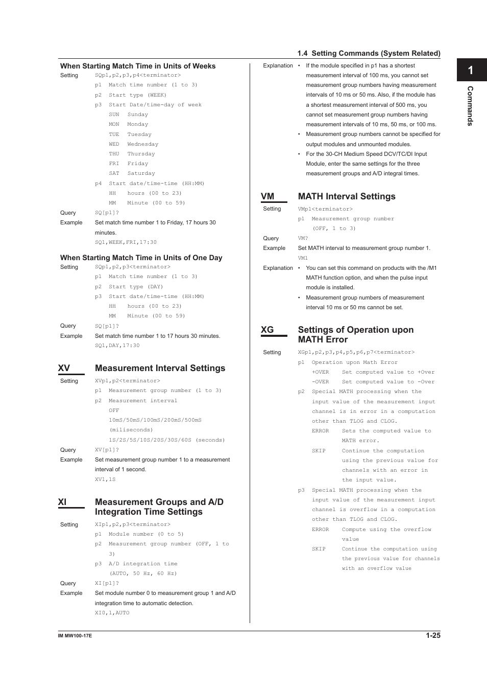 App index, Xv measurement interval settings, Vm math interval settings | Xg settings of operation upon math error | Yokogawa Standalone MW100 User Manual | Page 32 / 151