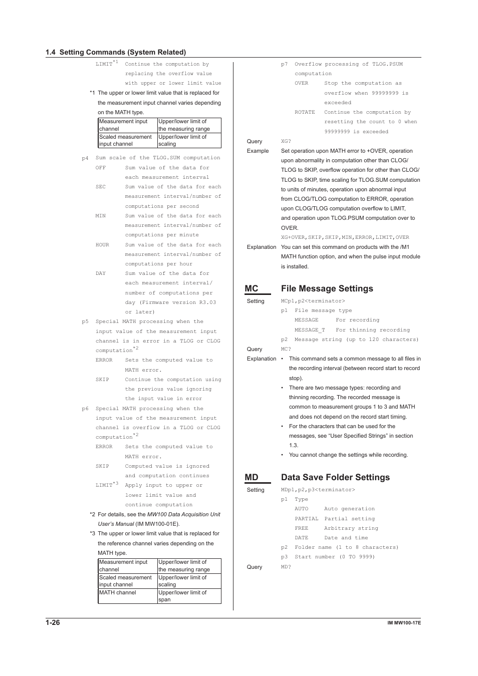 Mc file message settings, Md data save folder settings | Yokogawa Standalone MW100 User Manual | Page 33 / 151