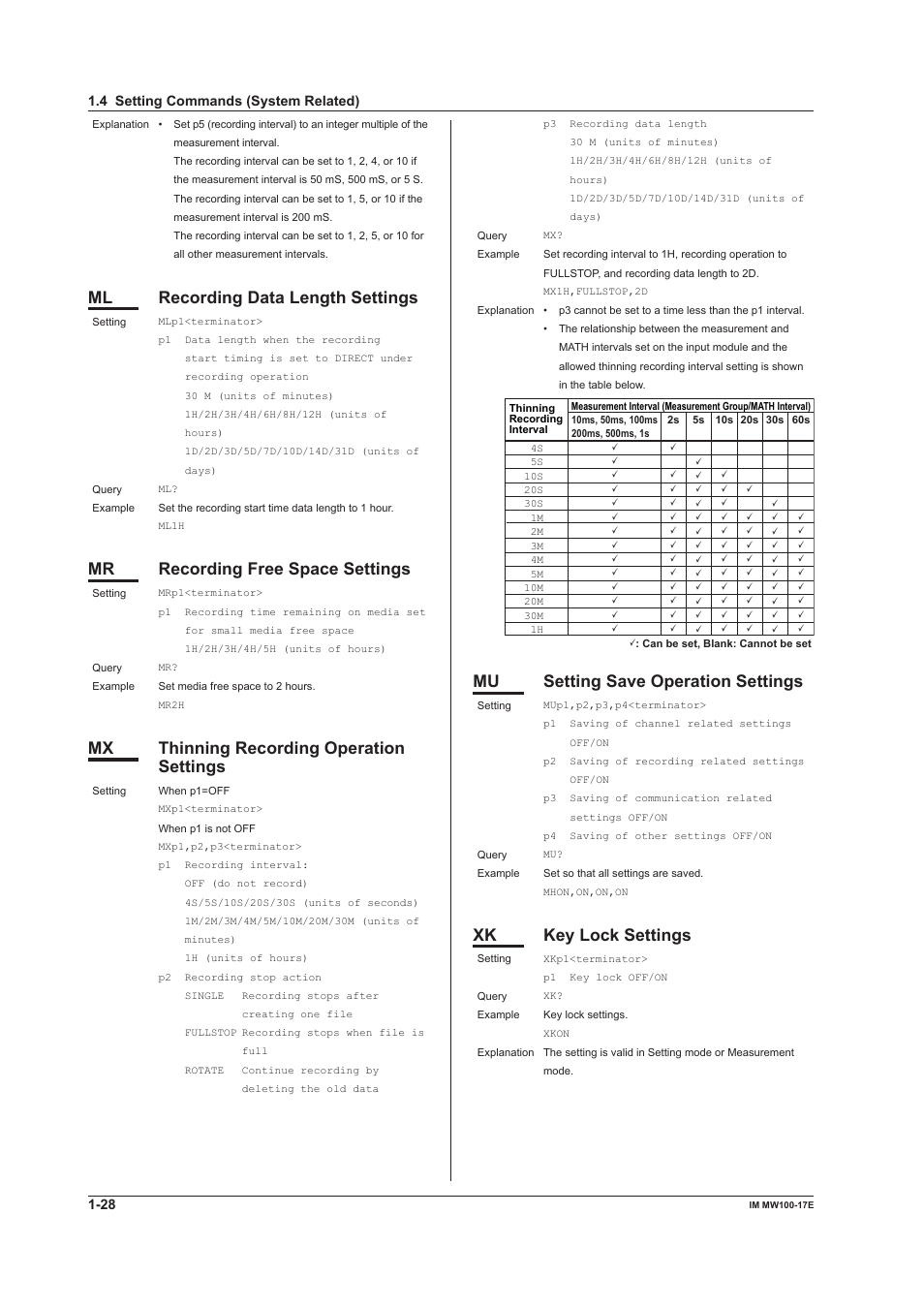 Ml recording data length settings, Mr recording free space settings, Mx thinning recording operation settings | Mu setting save operation settings, Xk key lock settings | Yokogawa Standalone MW100 User Manual | Page 35 / 151