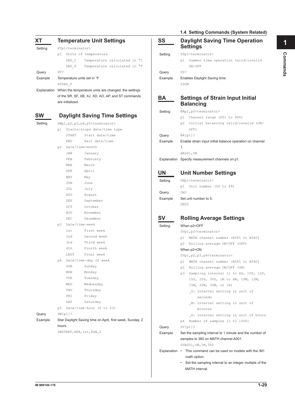 App index, Xt temperature unit settings, Sw daylight saving time settings | Ss daylight saving time operation settings, Ba settings of strain input initial balancing, Un unit number settings, Sv rolling average settings | Yokogawa Standalone MW100 User Manual | Page 36 / 151