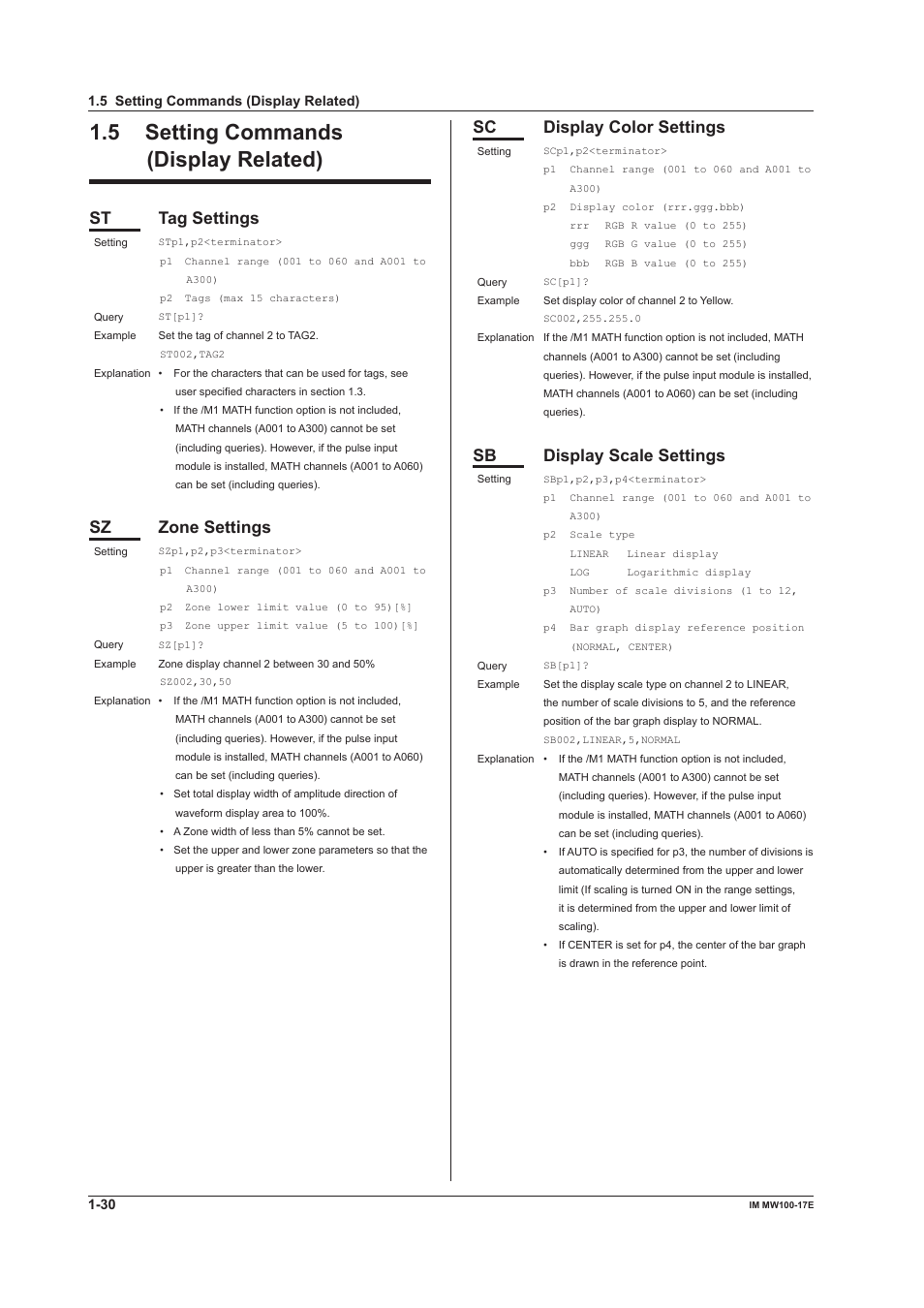 5 setting commands (display related), Setting commands (display related) -30, St tag settings | Sz zone settings, Sc display color settings, Sb display scale settings | Yokogawa Standalone MW100 User Manual | Page 37 / 151