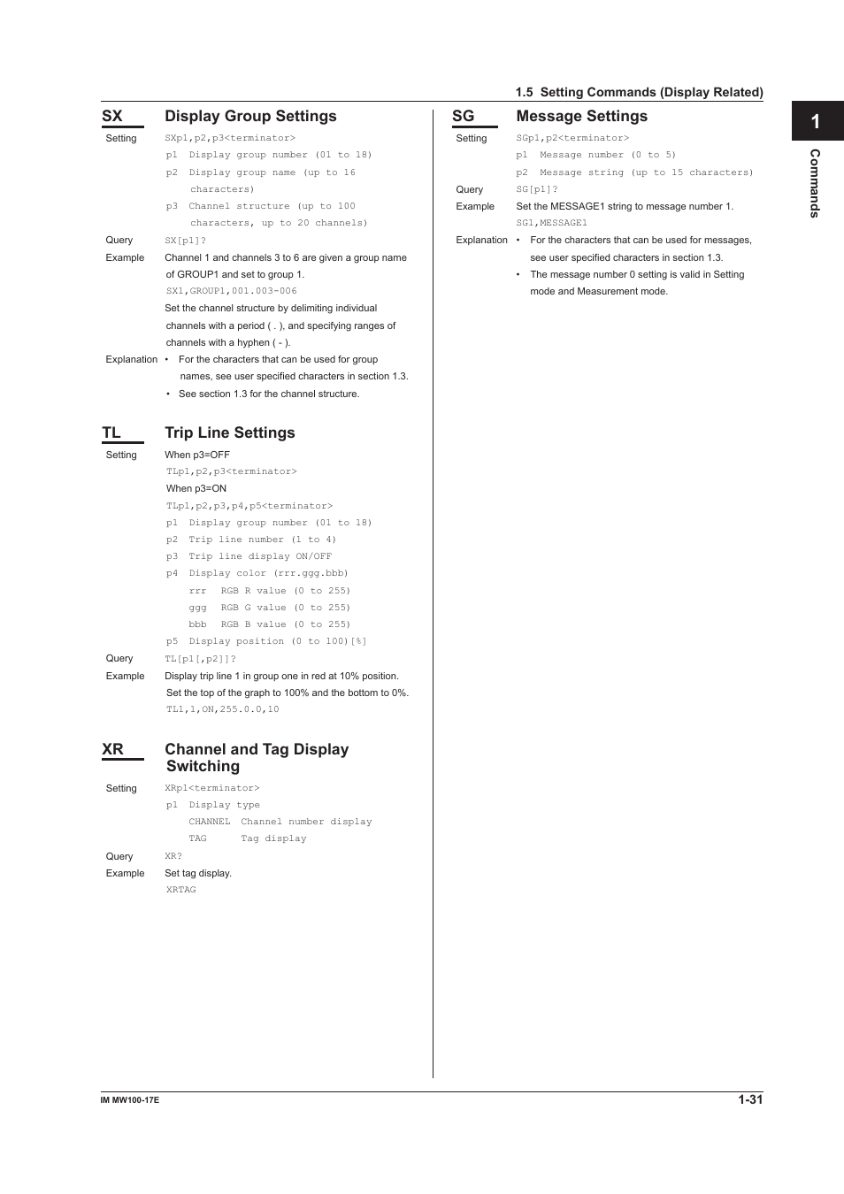 App index, Sx display group settings, Tl trip line settings | Xr channel and tag display switching, Sg message settings | Yokogawa Standalone MW100 User Manual | Page 38 / 151