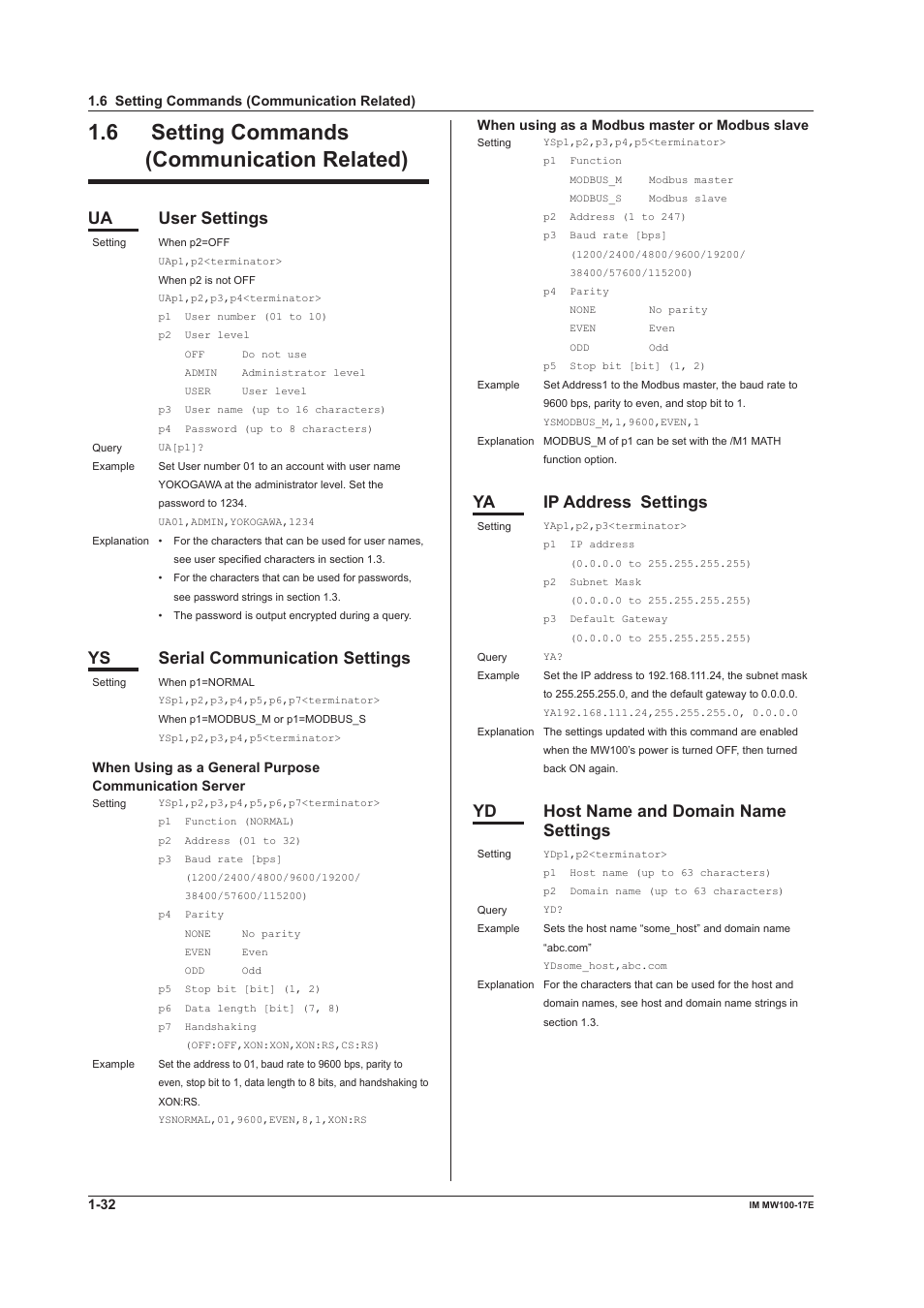 6 setting commands (communication related), Setting commands (communication related) -32, Ua user settings | Ys serial communication settings, Ya ip address settings, Yd host name and domain name settings | Yokogawa Standalone MW100 User Manual | Page 39 / 151