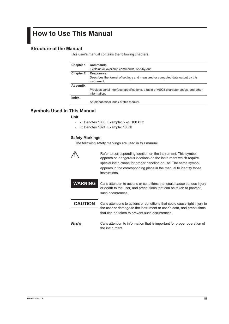 How to use this manual, Structure of the manual, Symbols used in this manual | Warning, Caution | Yokogawa Standalone MW100 User Manual | Page 4 / 151