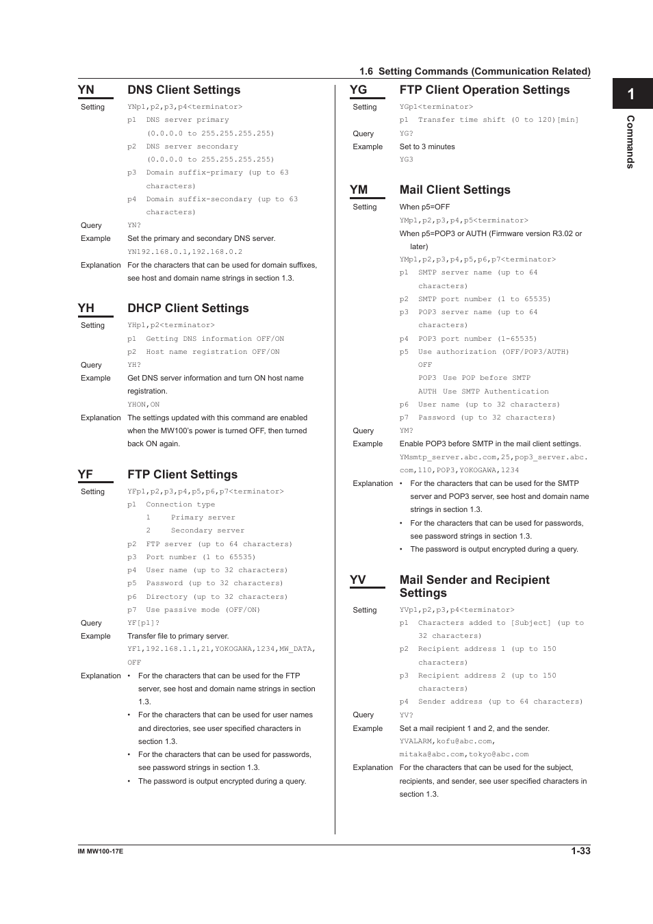 App index, Yn dns client settings, Yh dhcp client settings | Yf ftp client settings, Yg ftp client operation settings, Ym mail client settings, Yv mail sender and recipient settings | Yokogawa Standalone MW100 User Manual | Page 40 / 151