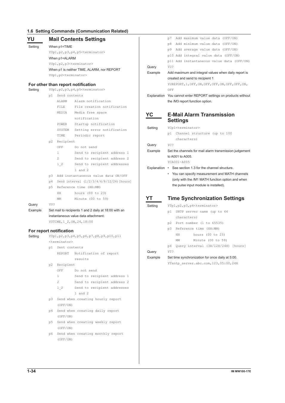 Yu mail contents settings, Yc e-mail alarm transmission settings, Yt time synchronization settings | Yokogawa Standalone MW100 User Manual | Page 41 / 151